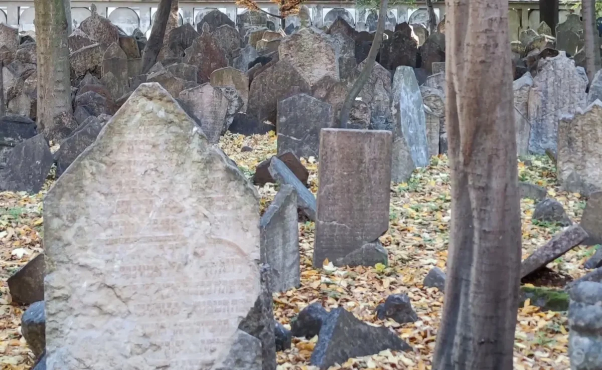 крупный план старинного надгробия на фоне деревьев и других памятников еврейского кладбища