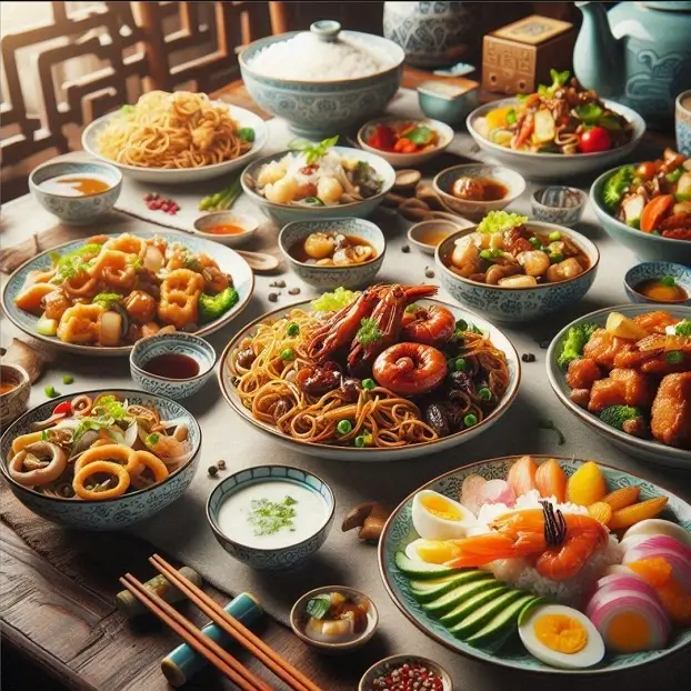 Наслаждение китайской кухней в Праге: яркие краски и вкусы Традиционные блюда китайской кухни на столе в Праге, лапша, креветки, овощи, яйца, палочки для еды