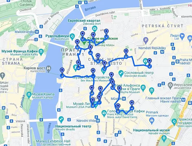 Карта пешеходного маршрута по Старому Месту в Праге туристическая карта Праги с пешеходным маршрутом по главным достопримечательностям Старого Места и Еврейского квартала