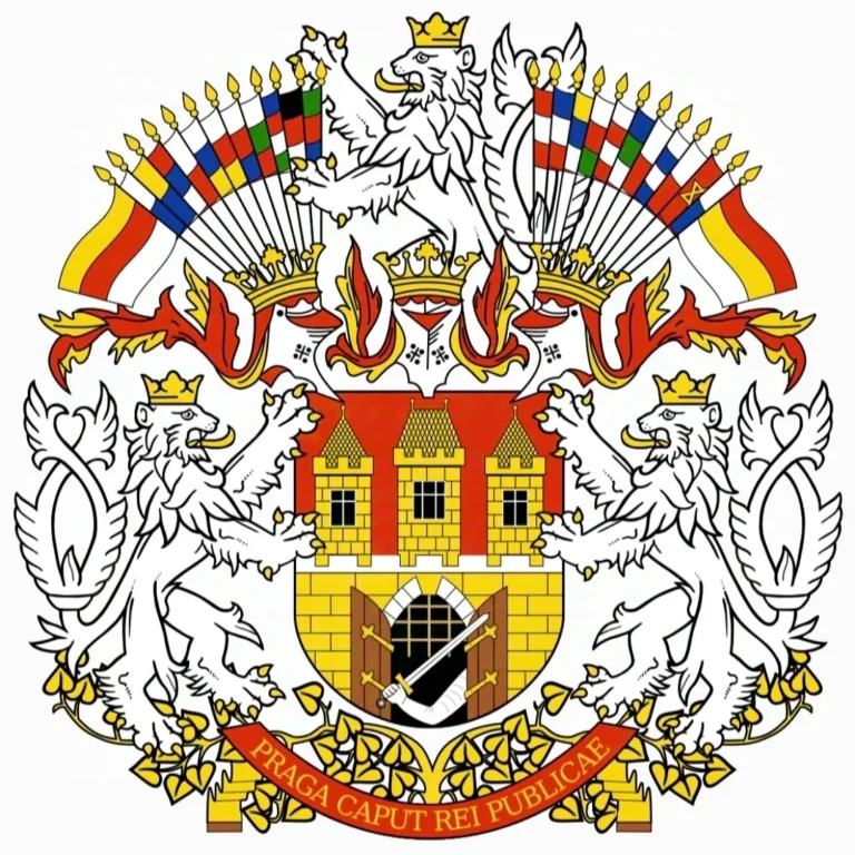 официальный большой герб города Праги с латинским девизом на красной ленте