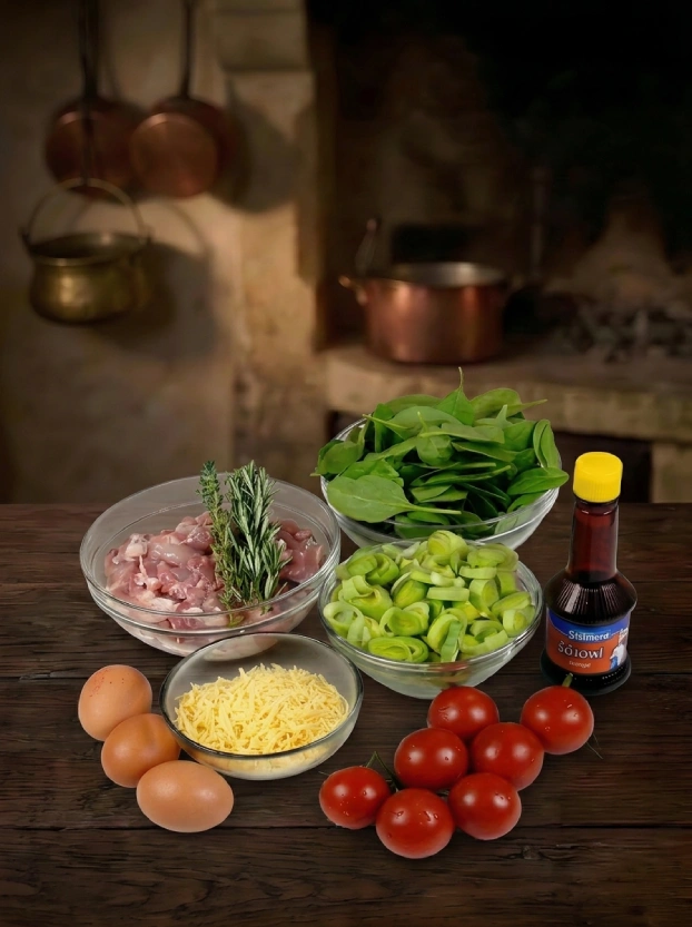 Чешская кухня. Блинчики по-чешски ингредиенты для блинчиков по-чешски – нарезанное мясо, свежий шпинат, лук-порей, яйца, сыр и томаты черри