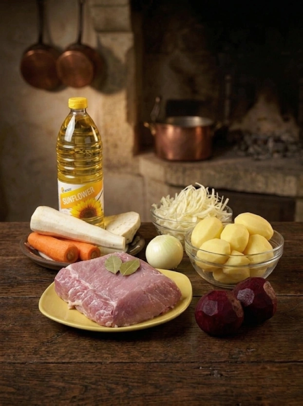 Чешская кухня. Борщ по-чешски ингредиенты для борща по-чешски – кусок свежего мяса, свекла, картофель, нашинкованная капуста, морковь, корень петрушки, лук и подсолнечное масло Sunflower