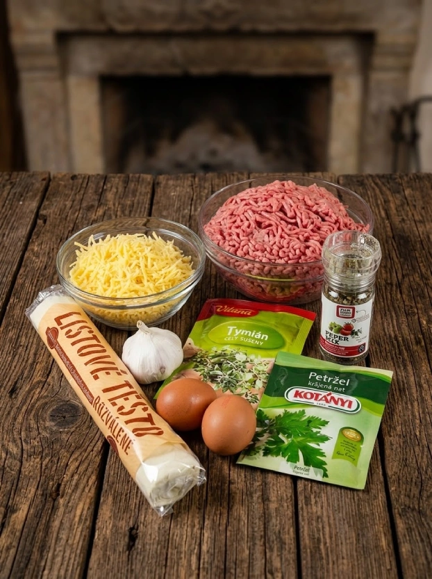 ингредиенты для приготовления бурека по-чешски – мясной фарш, тертый сыр, слоеное тесто и специи