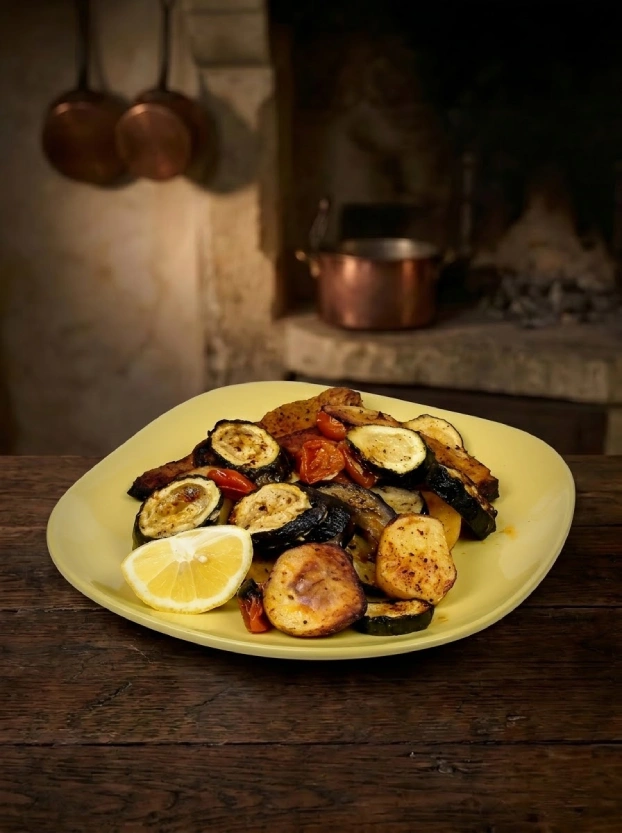 готовые цукини со свининой и овощами – рецепты чешской кухни запечённая свинина с цукини, картофелем и помидорами черри, поданная с долькой лимона на желтой тарелке