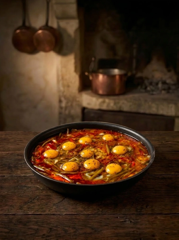 сытная глазунья из куриных яиц с сочной стручковой фасолью и специями, присмотренная в круглой глубокой сковороде