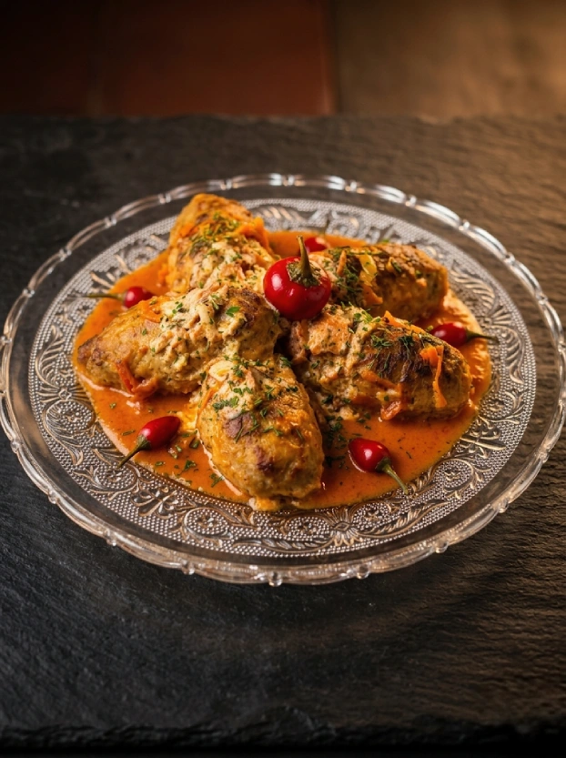 голубцы по-чешски – готовое блюдо чешской кухни аппетитные голубцы по-чешски в томатно-сливочном соусе с зеленью и перчиком на элегантном блюде для гида в Праге Андрея Резникова