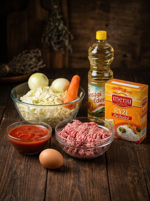 Чешская кухня. Рецепты. Голубцы по-чешски ингредиенты для голубцов по-чешски: фарш, капуста, яйцо, томатный соус, рис, морковь и лук на тёмном деревянном столе для статьи Андрея Резникова