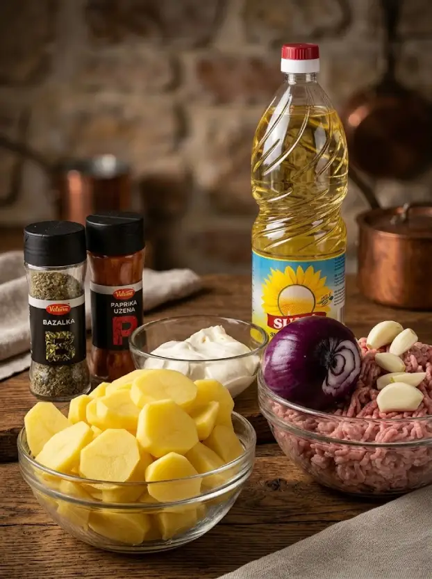 ингредиенты для чешского рагу: картофель, фарш, лук, чеснок и специи на деревянном столе