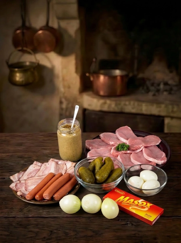 Чешская кухня. Испанская птичка ингредиенты для испанской птички – вырезка, бекон, сосиски, маринованные огурцы, яйца и кубик Masox