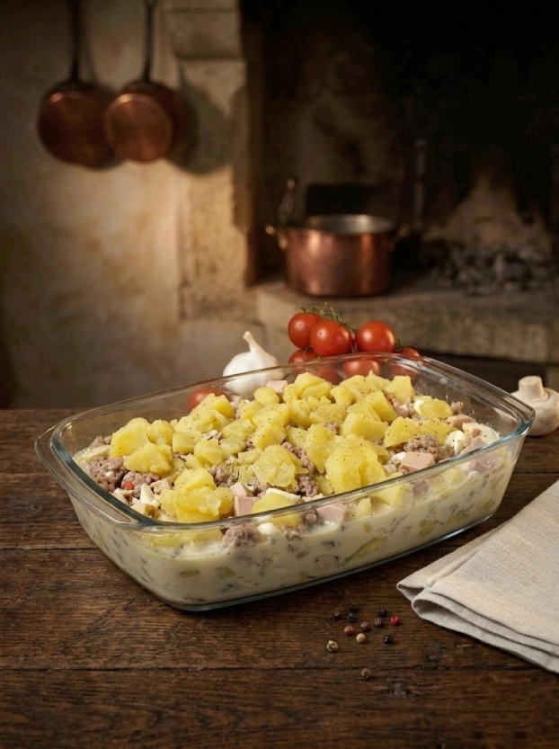 подготовленная картофельная запеканка с мясом и колбасками в стеклянной форме перед запеканием