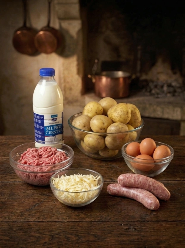 ингредиенты для картофельной запеканки – свежий картофель, мясной фарш, колбаски, яйца, тёртый сыр и молоко Mléko čerstvé