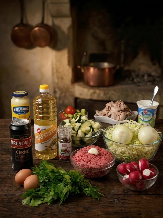 Чешская кухня. Котлеты по-чешски ингредиенты для котлет по-чешски – мясной фарш, тёмное пиво, подсолнечное масло, майонез, йогурт, свежие яйца, капуста, репчатый лук, цукини, петрушка и редис