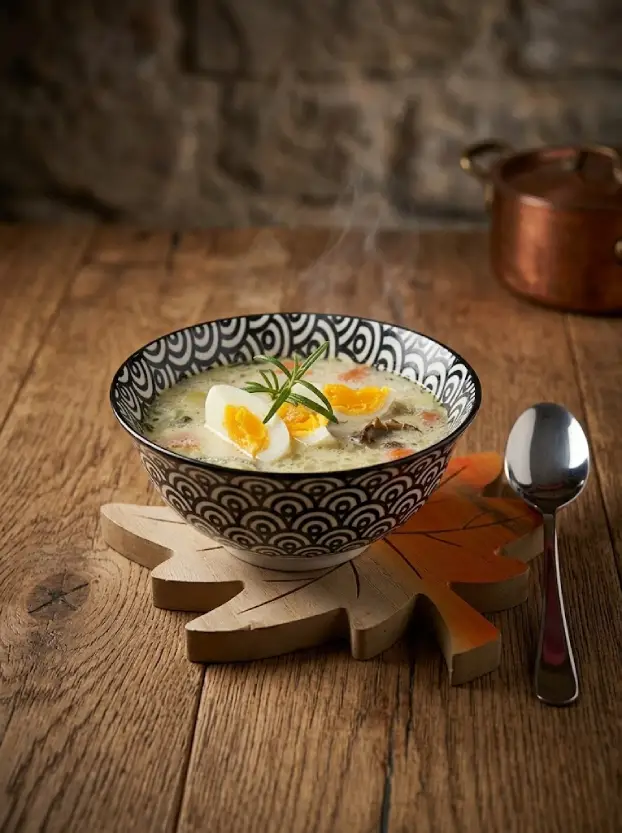 тарелка чешского грибного супа кулайда с яйцом и укропом