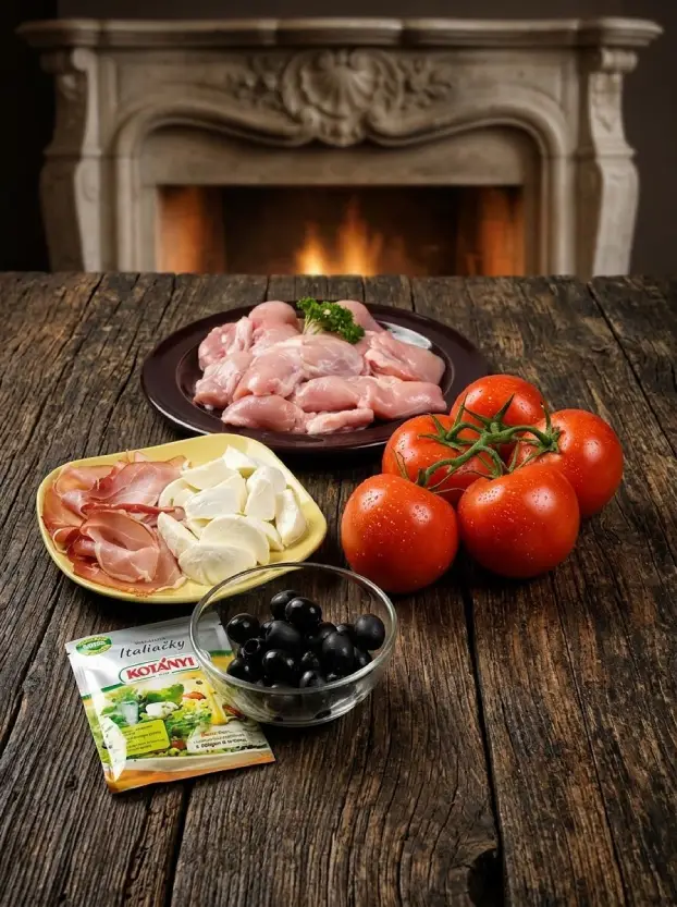 ингредиенты для приготовления курицы по-чешски с моцареллой – куриное филе, томаты, сыр, ветчина и маслины