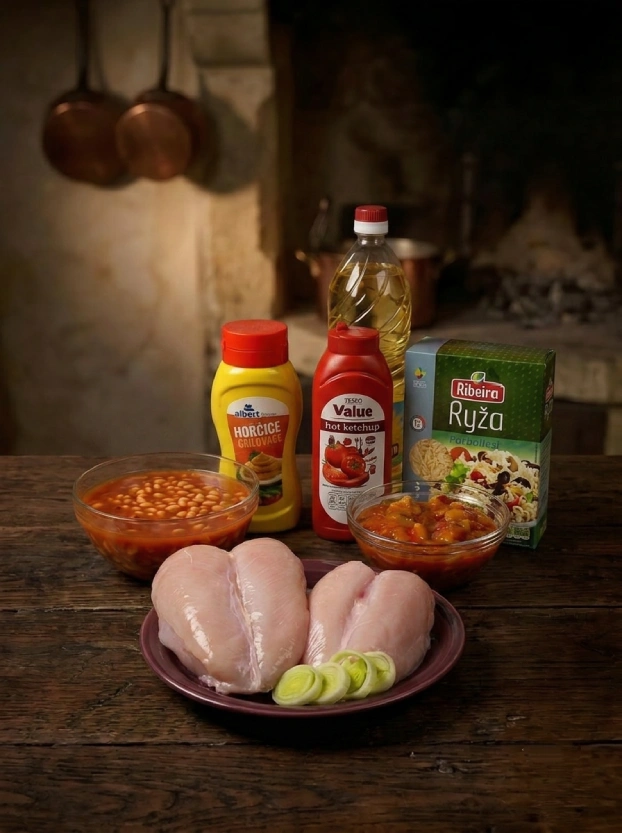 Чешская кухня. Курица по-техасски ингредиенты для курицы по-техасски – куриное филе, фасоль, рис Ribeira, кетчуп Tesco и горчица Albert