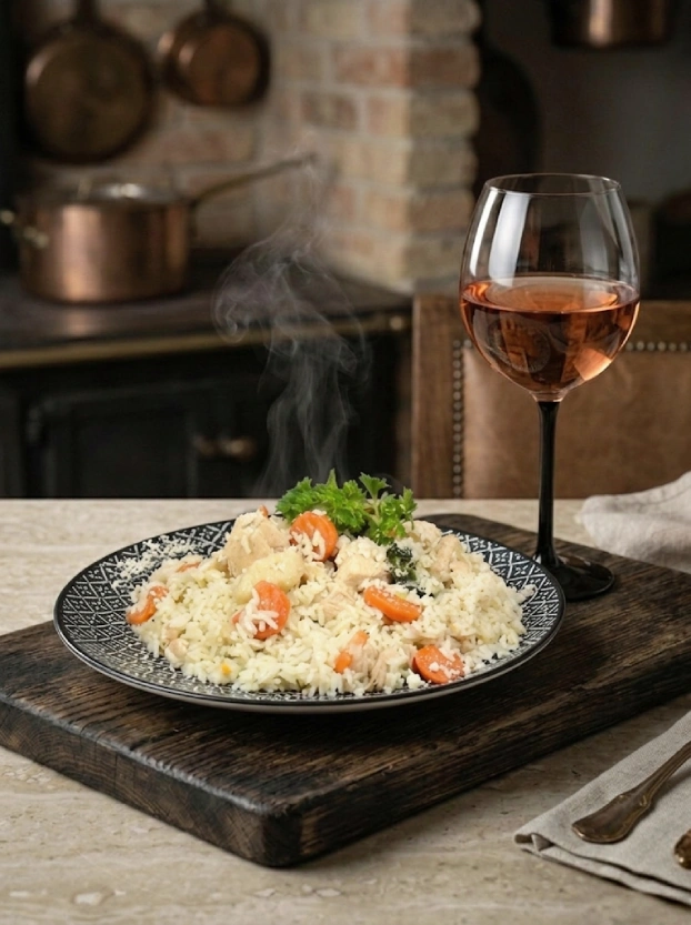курица с рисом и овощами по-чешски – рецепты чешской кухни горячая курица с рисом и овощами на тарелке рядом с бокалом розового вина