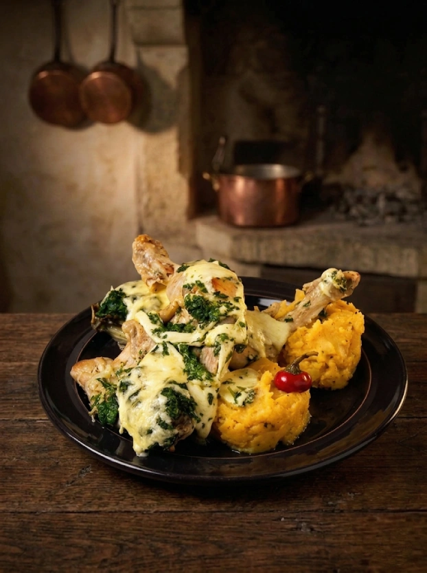 курица со шпинатом и сыром с картофельным пюре – рецепты чешской кухни запечённая курица со шпинатом и расплавленным сыром, поданная с картофельным пюре на темной тарелке