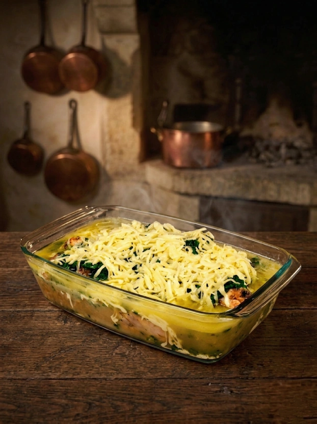 запекание курицы со шпинатом и сыром – рецепты чешской кухни курица со шпинатом и обильным слоем тёртого сыра в прямоугольной стеклянной форме перед запеканием