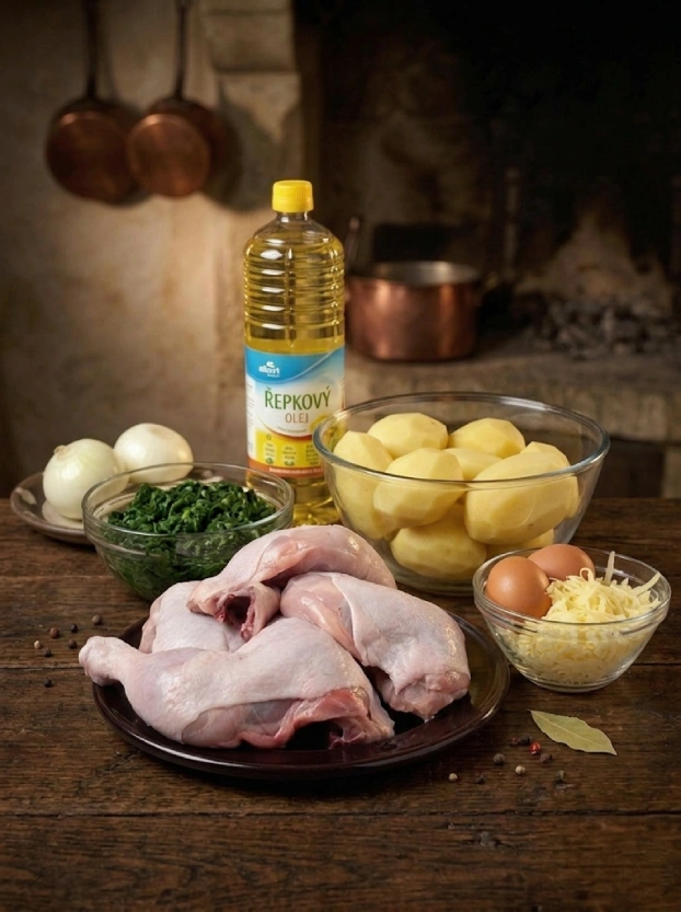 Чешская кухня. Рецепт. Курица со шпинатом ингредиенты для курицы со шпинатом – сырые куриные окорочка, свежий шпинат, очищенный картофель, рапсовое масло Řepkový olej, яйца, тёртый сыр и лук