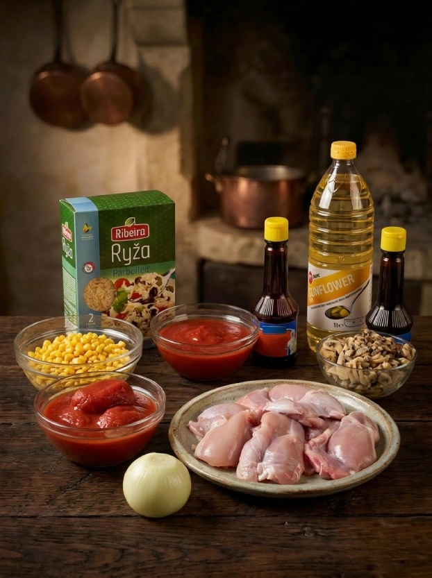 Чешская кухня. Курица тандури по-чешски ингредиенты для приготовления курицы тандури по-чешски – куриное филе, рис Ribeira, кукуруза, томаты, грибы и соусы