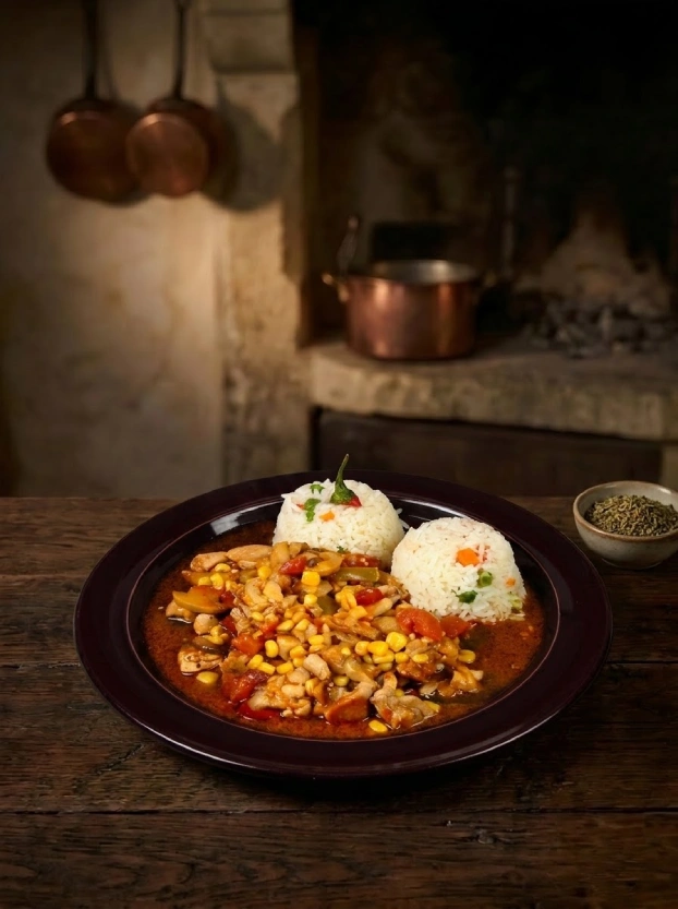 курица тандури по-чешски с рисовым гарниром курица тандури по-чешски с кукурузой, томатным соусом и гарниром из риса – чешская кухня