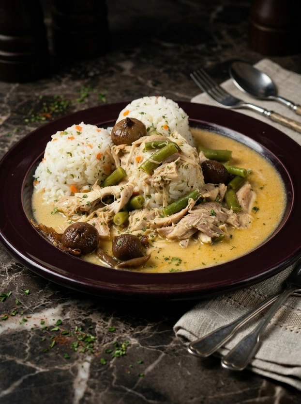 чешская кухня – курица в кремовом соусе с рисом курица в кремовом соусе со стручковой фасолью и рисом на бордовой тарелке для статьи о чешской кухне гида в Праге Андрея Резникова