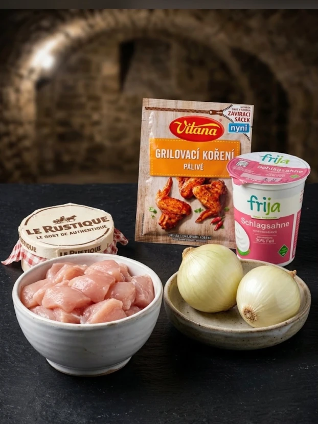 Чешская кухня. Рецепты. Курица в мягком сыре ингредиенты для приготовления курицы в мягком сыре – куриное филе, сыр Le Rustique, сливки Frija и приправа Vitana