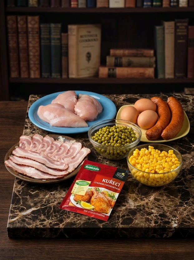 Чешская кухня. Рецепты. Куриная rolada Ингредиенты для чешского рецепта куриной ролады: куриное филе, бекон, колбаса, горошек, кукуруза на мраморе