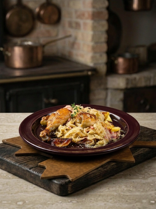 запечённые куриные окорочка с тушёной капустой, беконом и картофелем на бордовой тарелке