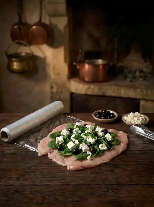 куриный рулет со шпинатом и овощным гарниром процесс приготовления куриного рулета со шпинатом, сыром и маслинами – чешская кухня