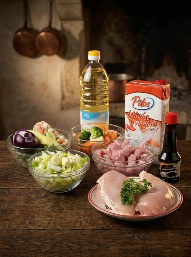 ингредиенты для приготовления мяса по-тайски – свинина, овощная смесь, лук-порей, молоко Pilos, соевый соус и подсолнечное масло