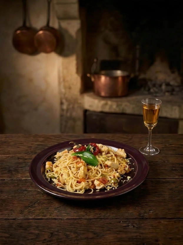 спагетти с куриным мясом и оливками на тёмной тарелке – аппетитное блюдо чешской кухни