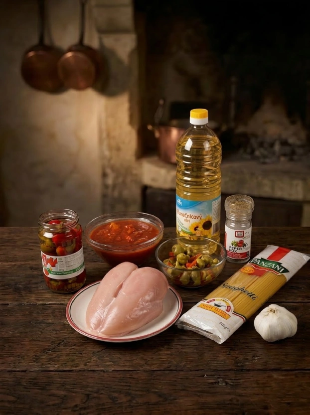 ингредиенты для спагетти с куриным мясом – куриное филе, спагетти Panzani, томатный соус, оливки и подсолнечное масло