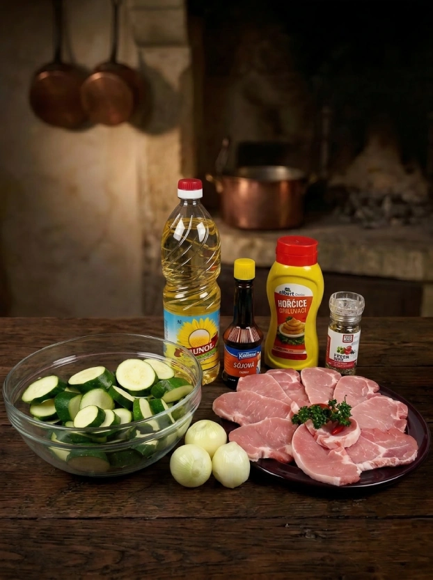 Чешская кухня. Свинина с цукини ингредиенты для приготовления свинины с цукини – свиные отбивные, нарезанный цукини, лук, соусы и специи