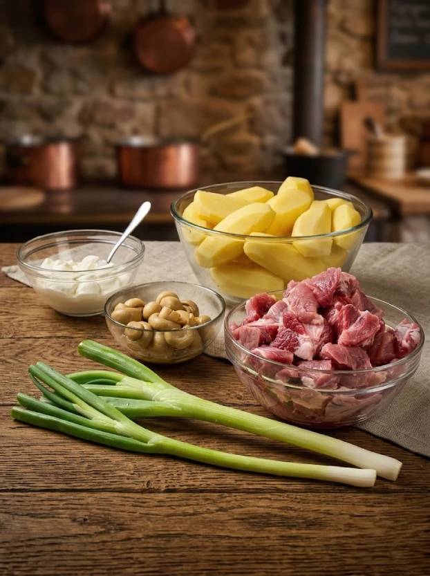 ингредиенты для приготовления свинины с грибами – нарезанное мясо, шампиньоны, картофель, сметана и зелёный лук