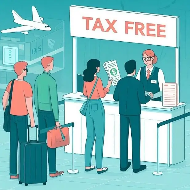 иллюстрация очереди путешественников с багажом к стойке Tax Free – возврат налога в Чехии