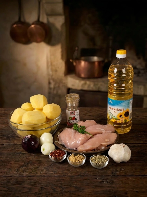 ингредиенты для приготовления виндалу по-чешски – куриное филе, очищенный картофель, лук, чеснок и специи